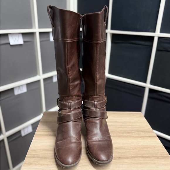 Target Merona Brown Leather Tall Riding Style Boots with Faux Spur Straps - Picture 4 of 6